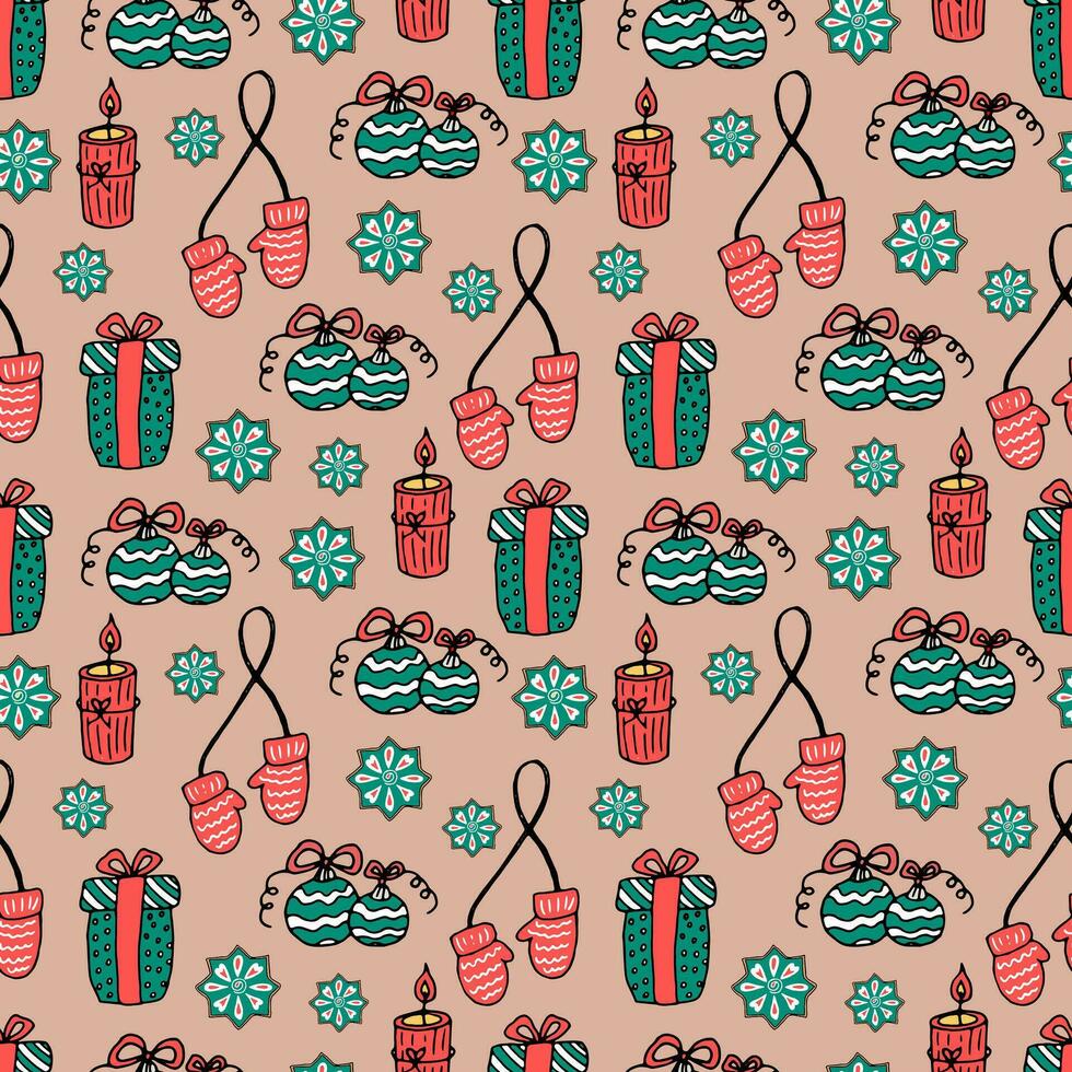 Seamless Christmas pattern - gifts, gingerbread cookies, candles, mittens, Christmas balls. Vector illustration doodle New Year holiday powder background