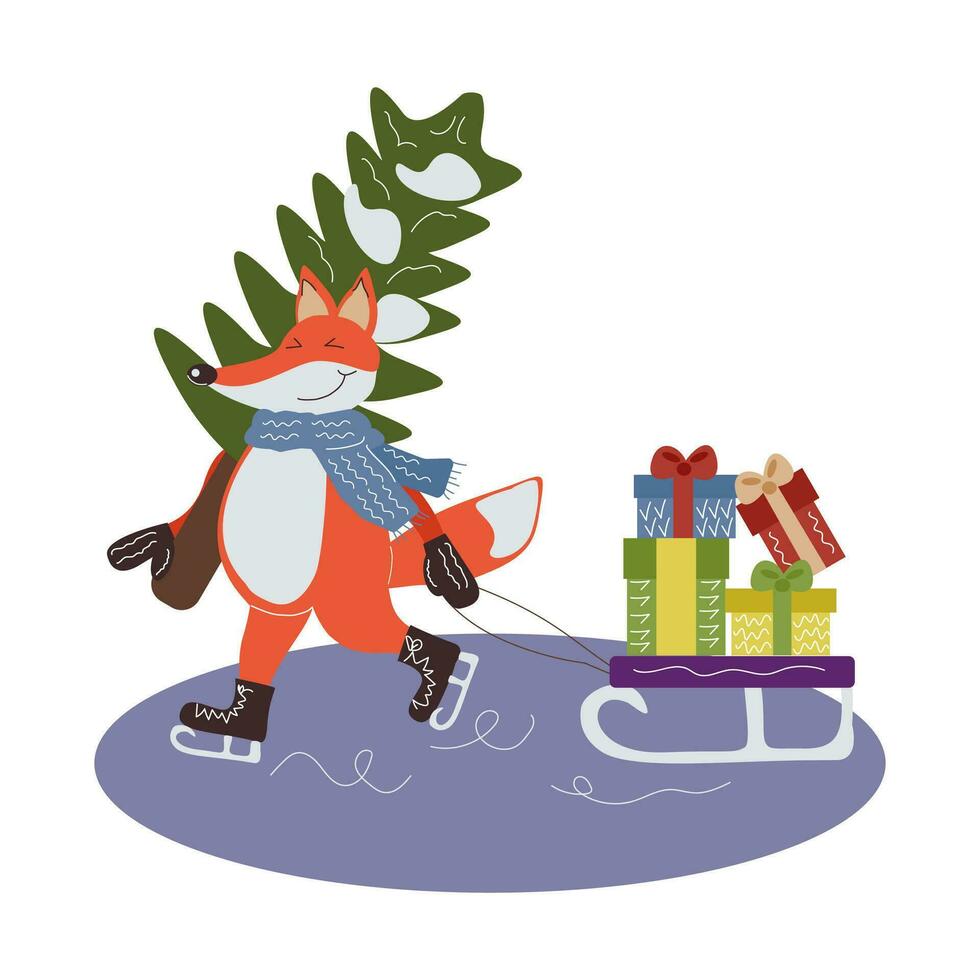 A funny cartoon character of a fox on skates comes from the forest with a Christmas tree and a sleigh with gifts. Vector cartoon illustration for cards, invitations, banners, children's books