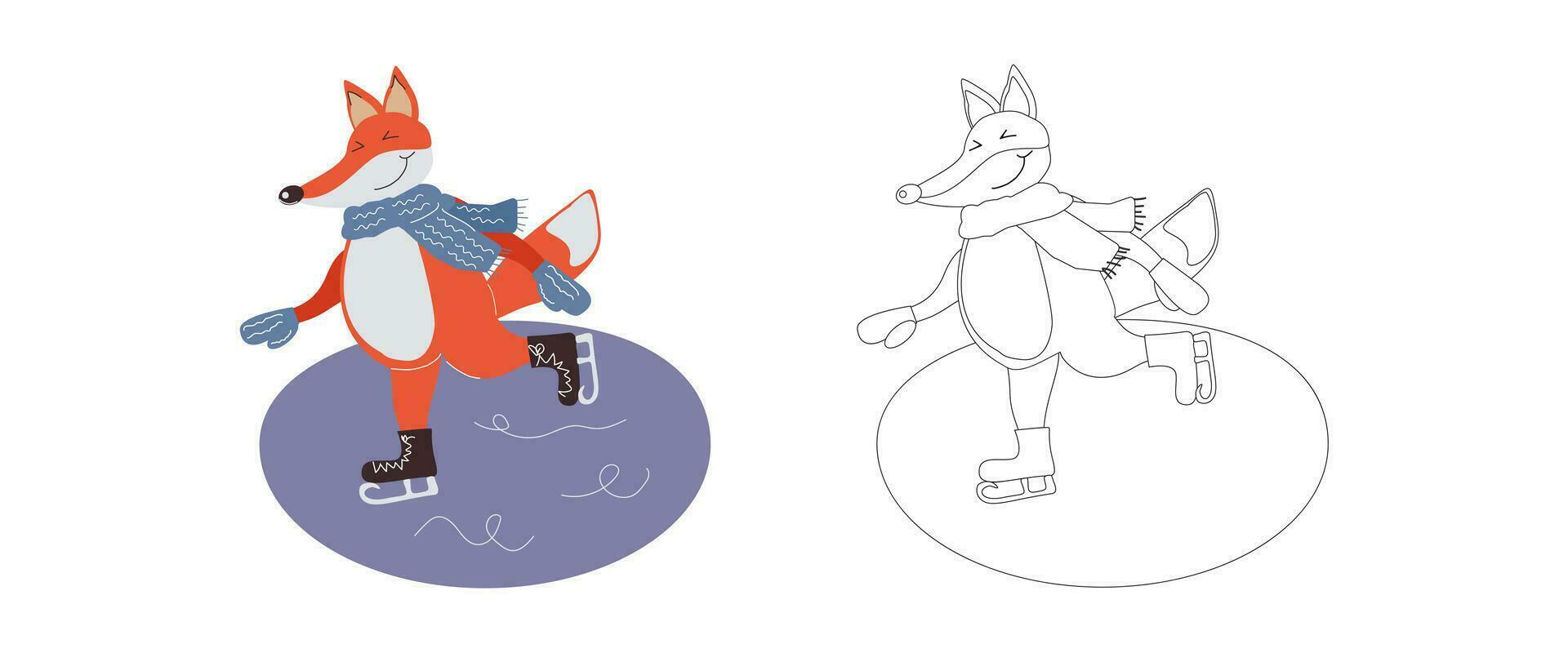 Coloring book funny cartoon fox character in a scarf and mittens skating on ice. Vector cartoon illustration for children's books, outline for coloring with an example in color.