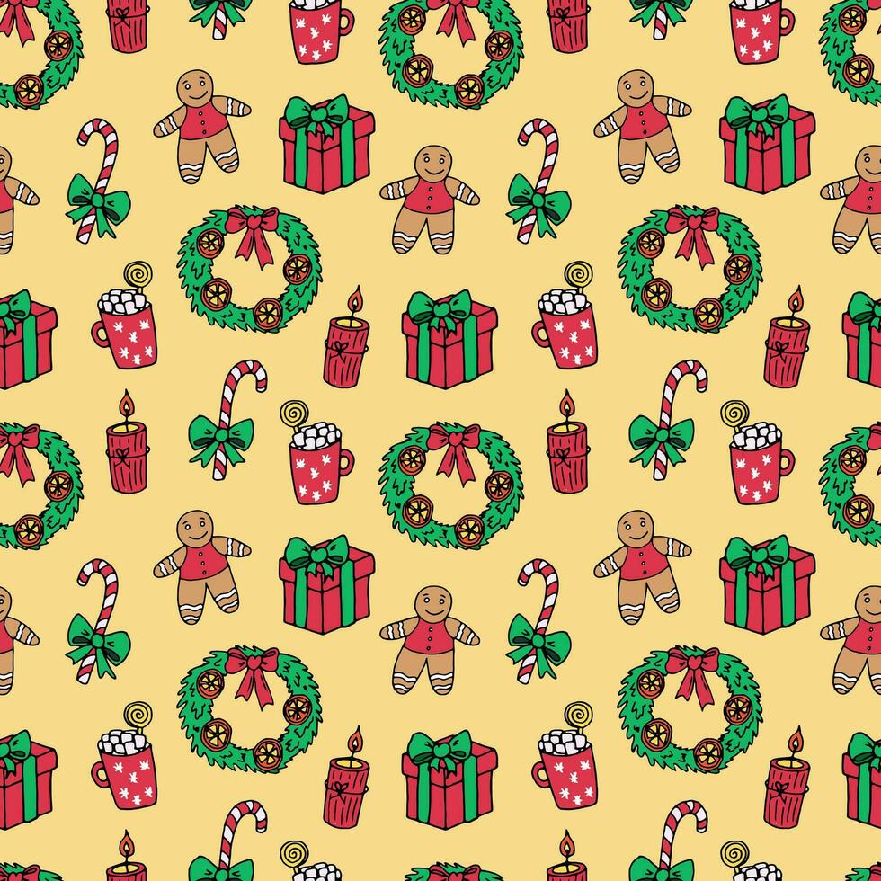 Seamless pattern of Christmas decorations on a beige background - gifts, wreath, sugar cane, hot chocolate in a mug, gingerbread man. Vector doodle illustration for packaging, web design