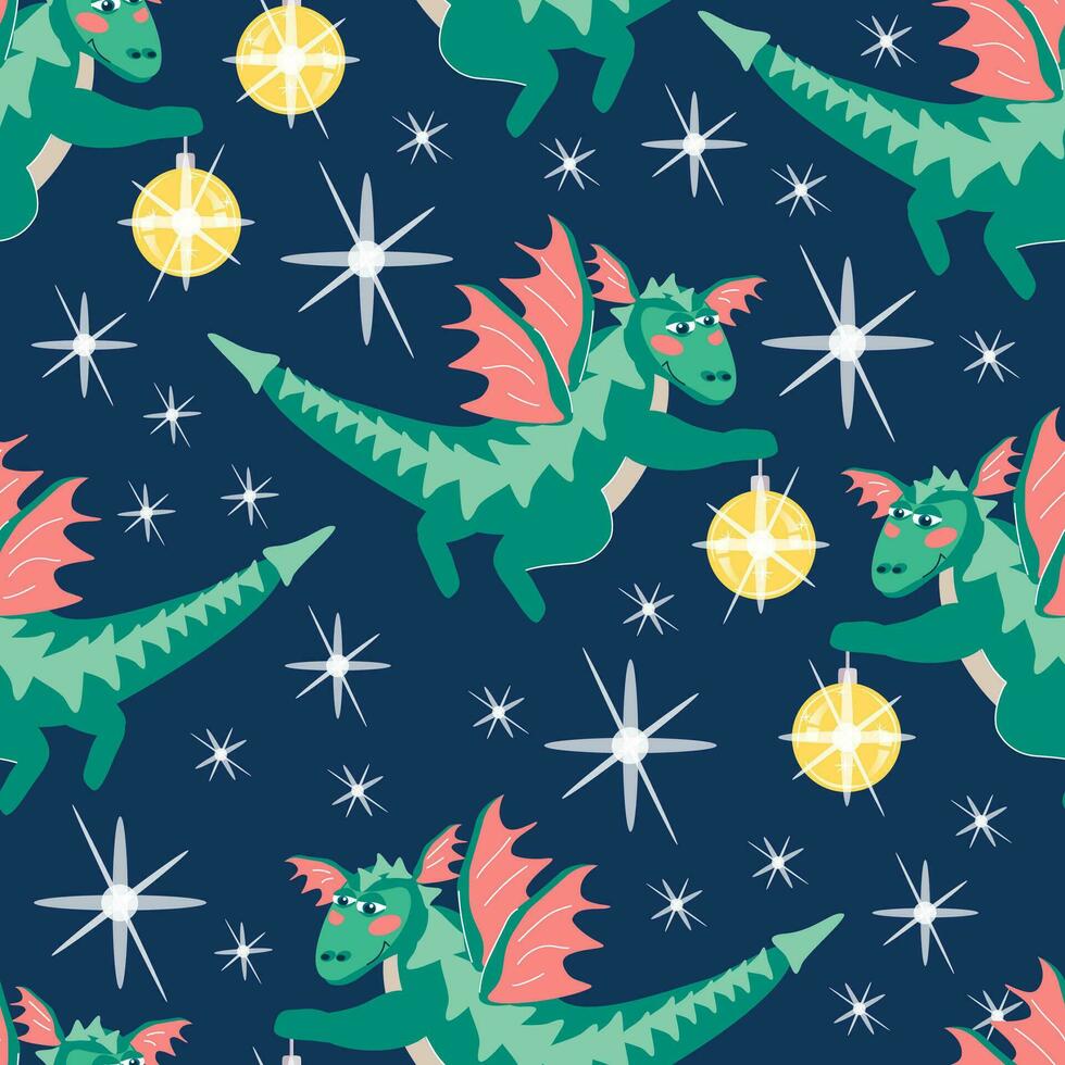 Seamless pattern of green winged dragons flying among the stars with shiny Christmas balls. Vector cartoon illustration of blue New Year background with 2024 symbol for packaging, wallpaper