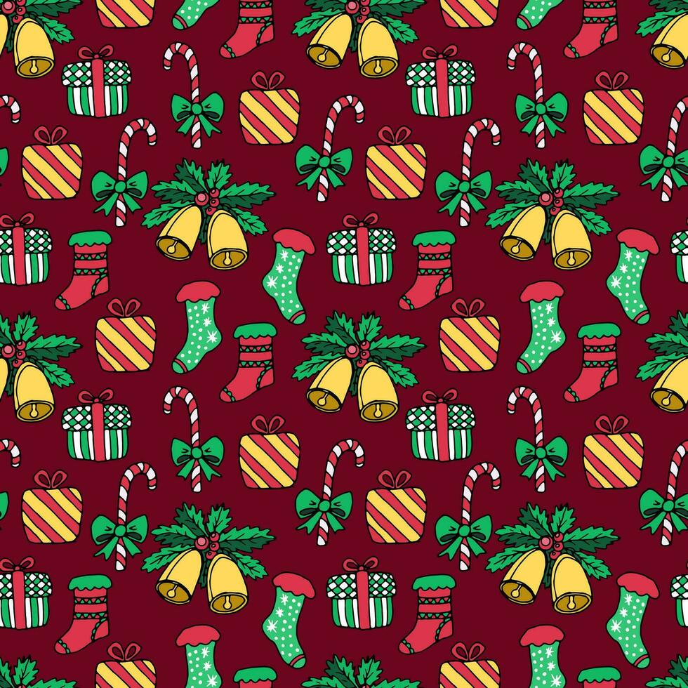 Seamless pattern of Christmas decorations on a burgundy background - gifts, bells, socks, sugar cane. Vector doodle illustration for packaging, web design