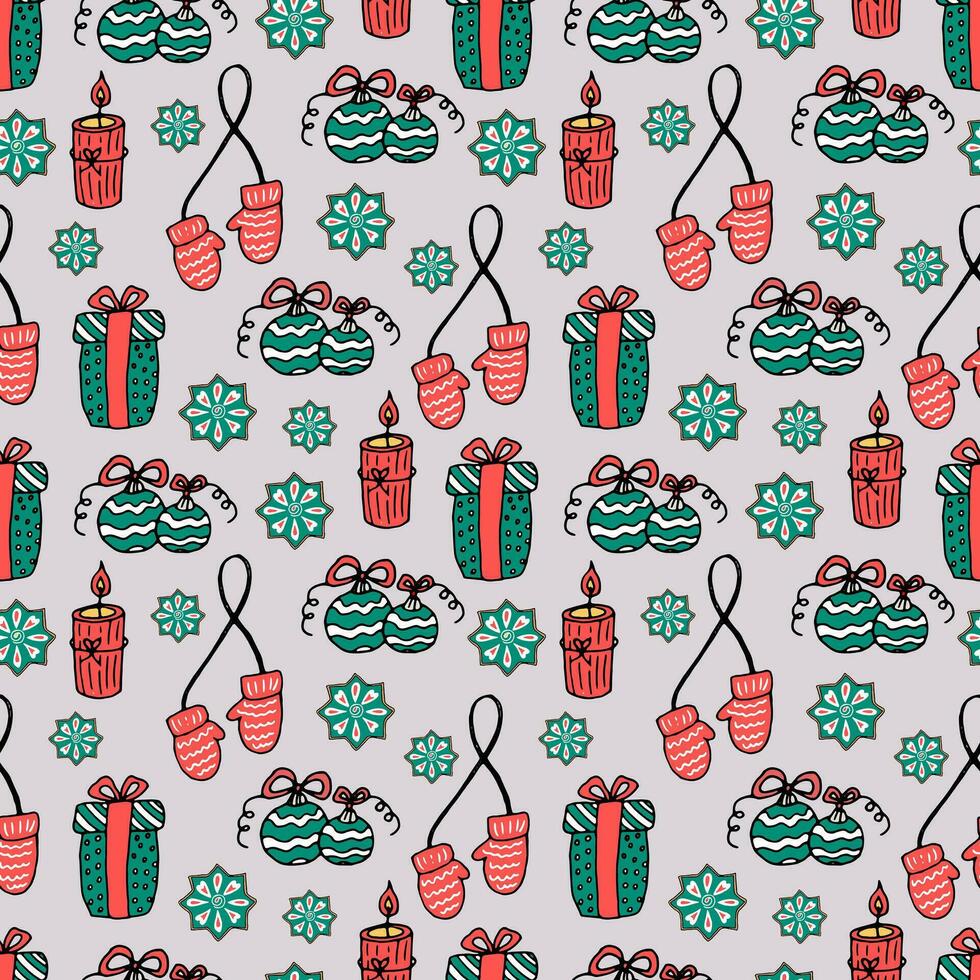 Seamless Christmas pattern - gifts, gingerbread cookies, candles, mittens, Christmas balls. Vector illustration doodle New Year holiday background