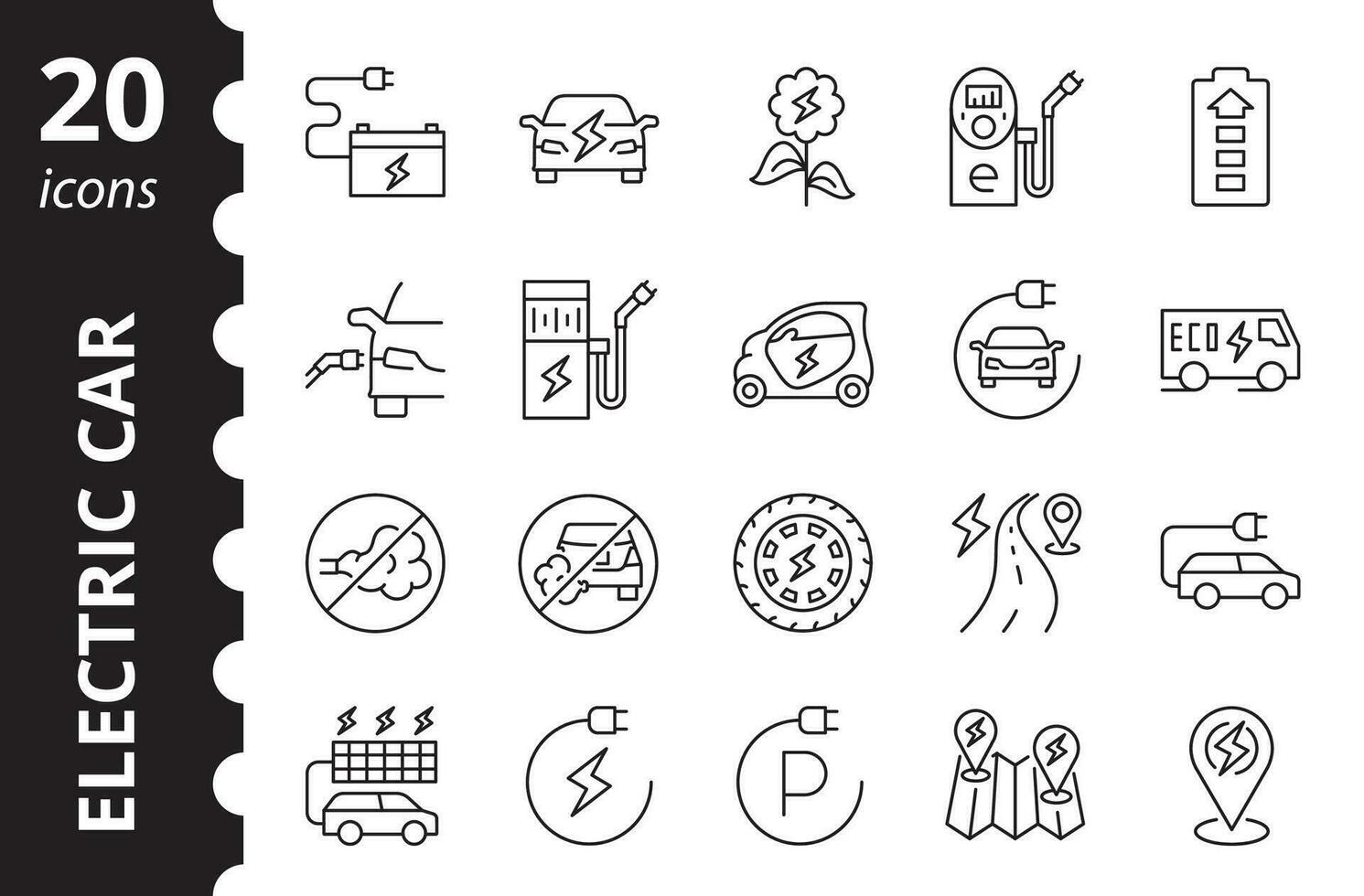 Set of Electric car Linear Icons. Contains such symbols as Car, Wheel, Battery, Solar battery, Charging station and more. vector