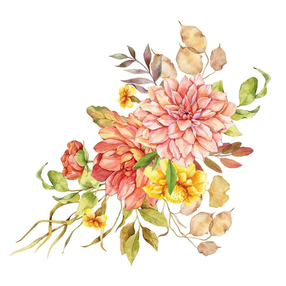 Watercolor fall floral bouquet hand painted illustration. Hand Painted watercolor flowers isolated on white background.  Perfect for wedding invitations, bridal shower and floral greeting cards vector