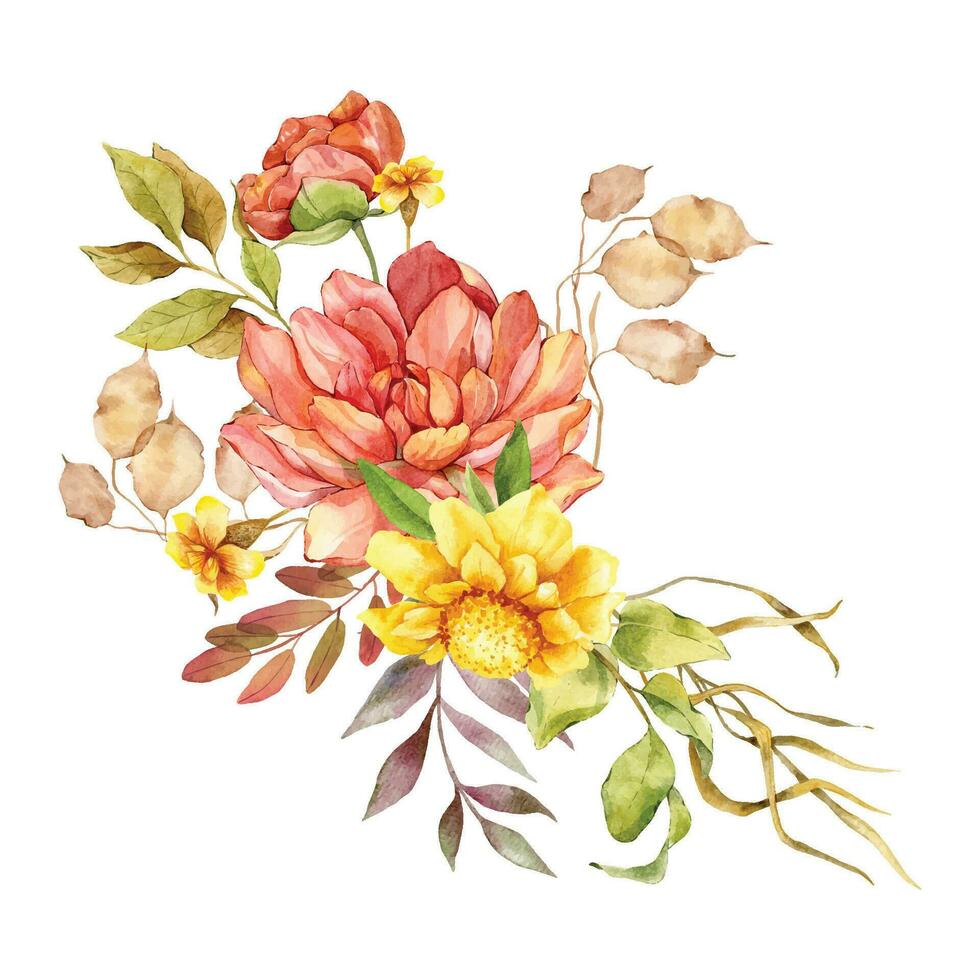 Watercolor fall floral bouquet hand painted illustration. Hand Painted watercolor flowers isolated on white background.  Perfect for wedding invitations, bridal shower and floral greeting cards vector