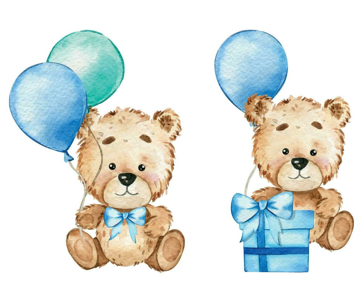 linda bebé oso con globos acuarela ilustración, pequeño oso con globos aislado en blanco antecedentes. mano dibujado encantador animal para guardería decoración niños ilustración. bebé ducha concepto vector