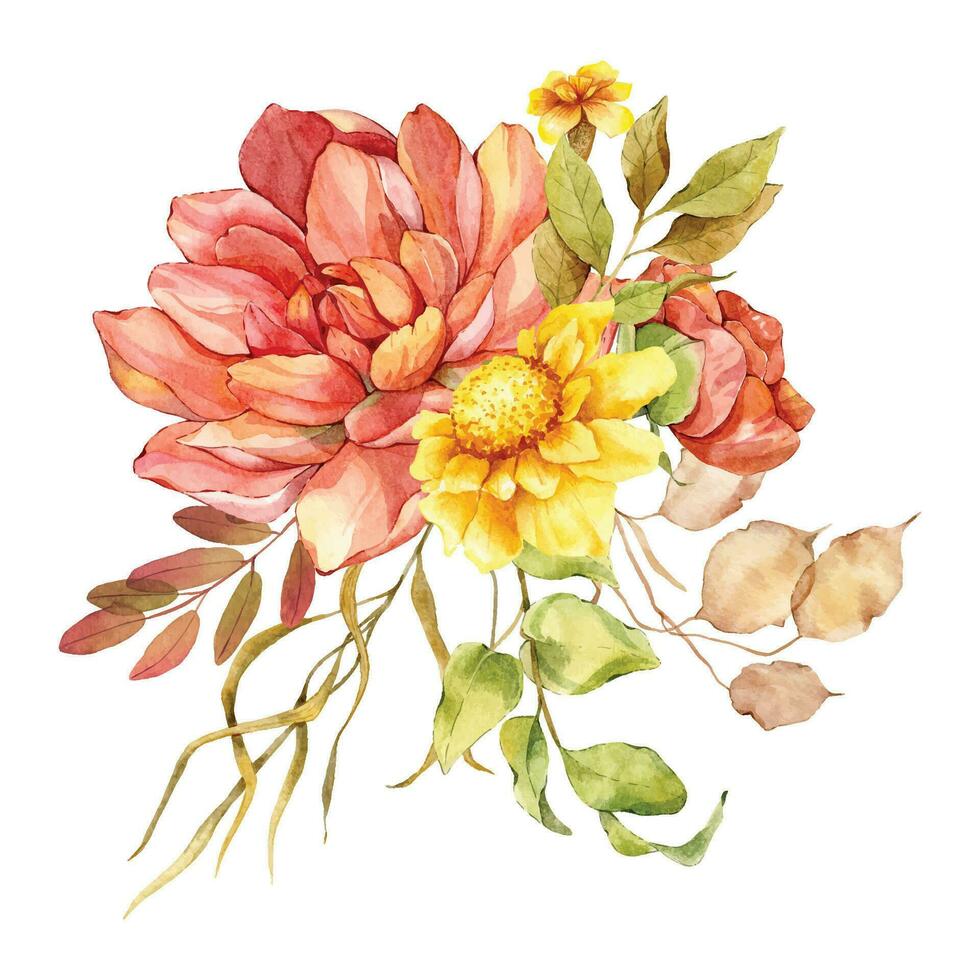 Watercolor fall floral bouquet hand painted illustration. Hand Painted watercolor flowers isolated on white background.  Perfect for wedding invitations, bridal shower and floral greeting cards vector