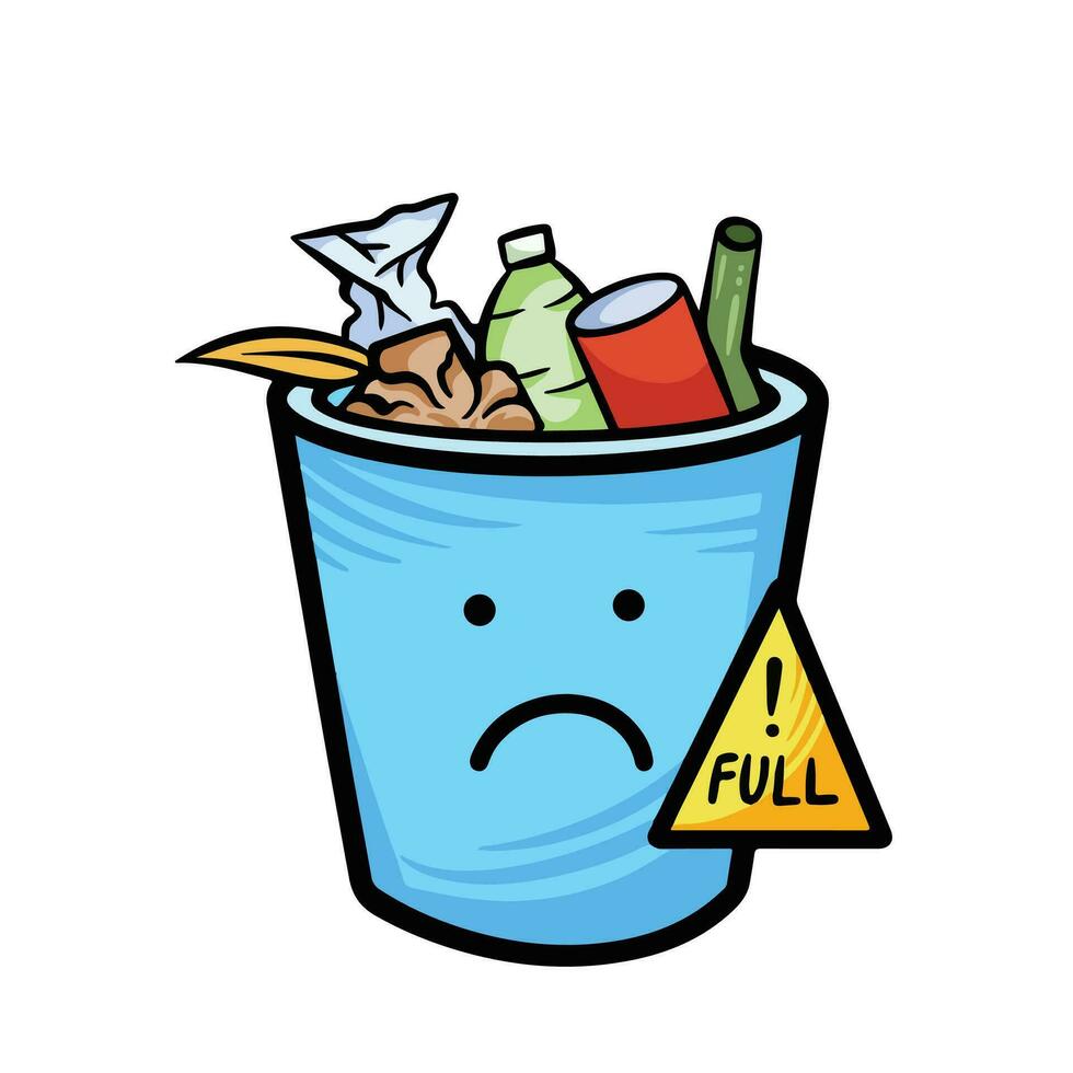 Blue sad full trash bin with crumpled paper, dry leaf, plastic and glass bottle, red can garbage trash outlined vector illustration isolated on square white background. Simple flat cartoon art style.