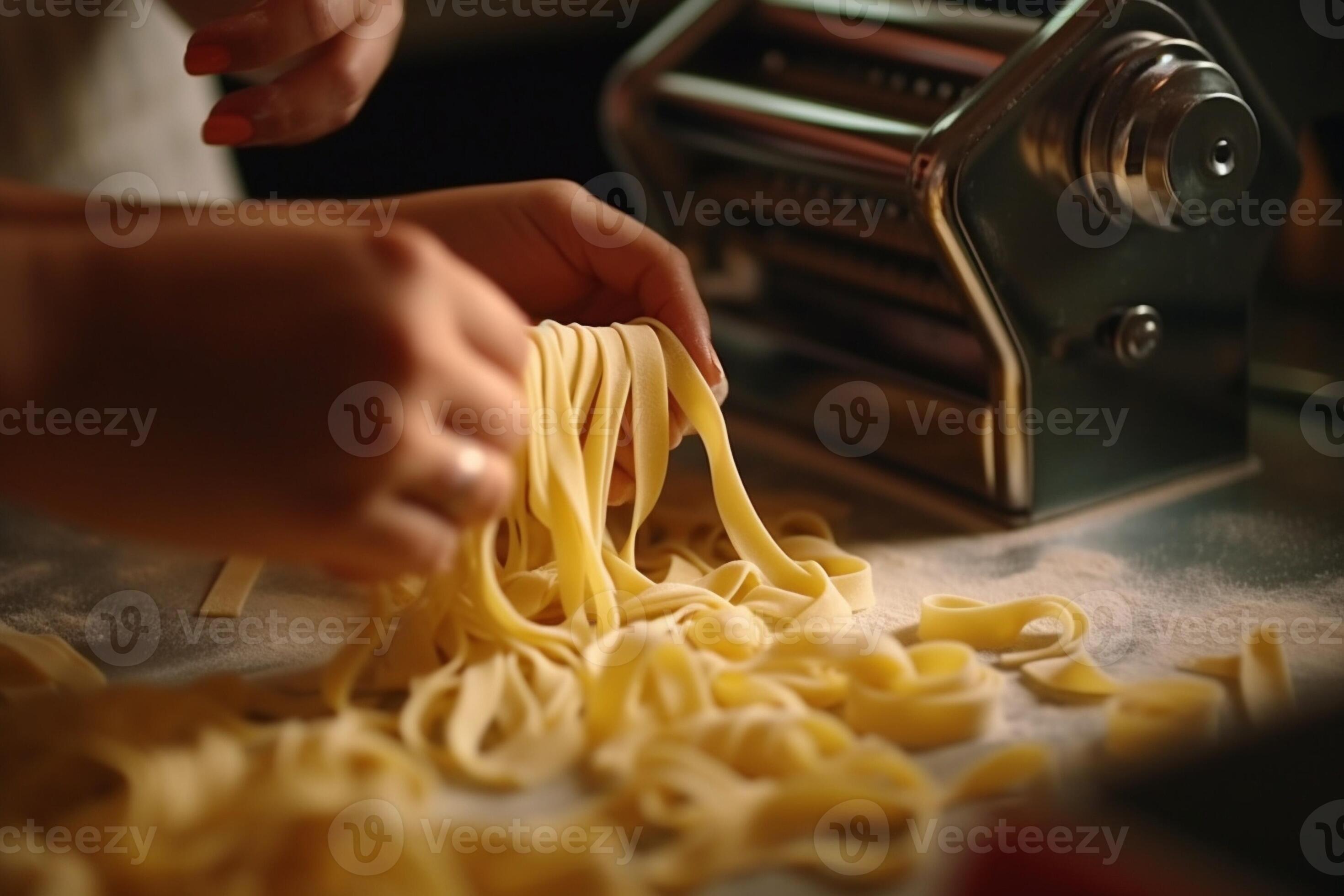 tagliatelle pasta made by hand using pasta maker, Generative AI