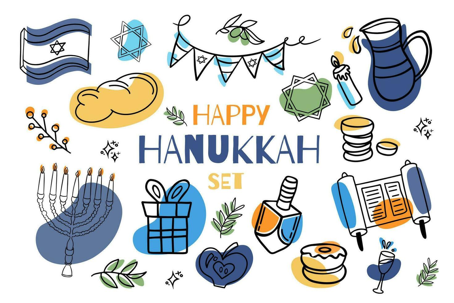 Happy hanukkah doodle set. Menorah, star of david vector