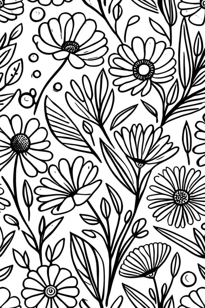 Abstract Black And White Monochromatic Hand-drawn Flowers Texture Pattern Doodle Vector Illustration
