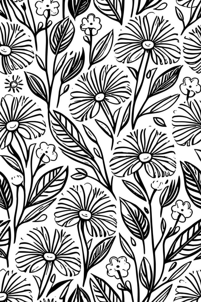 Abstract Black And White Monochromatic Hand-drawn Flowers Texture Pattern Doodle Vector Illustration