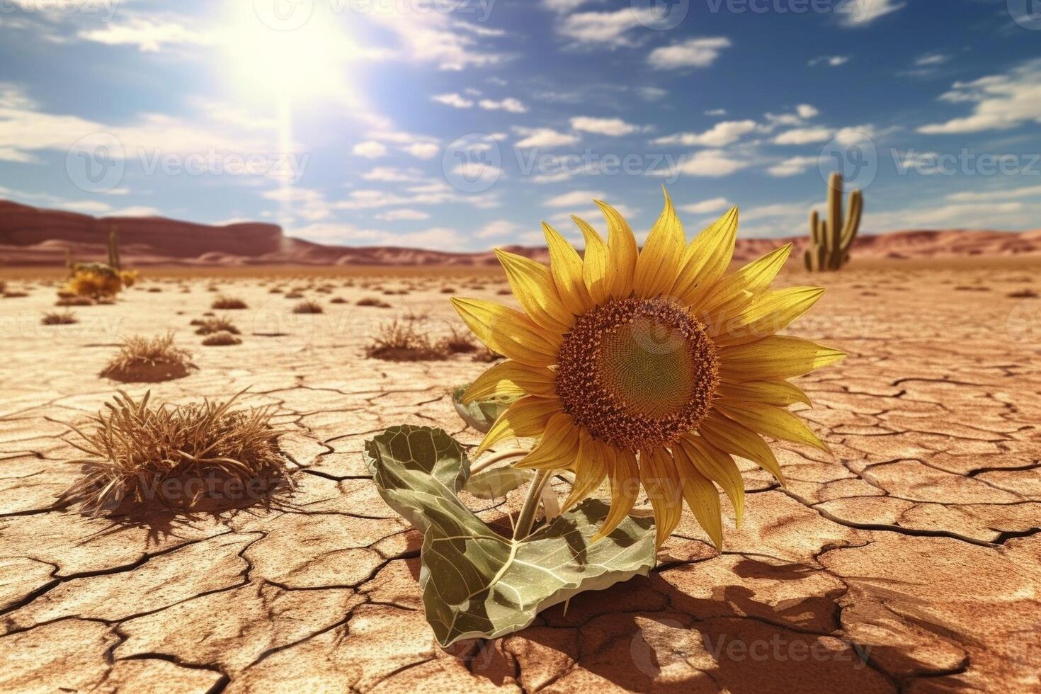 Dried sunflowers Sunflower dry soil of a barren land, Generative AI