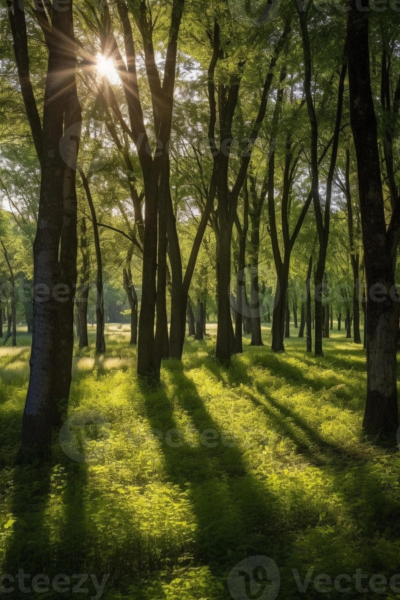 sunlight in trees of green summer forest, Generative AI 30732481 Stock