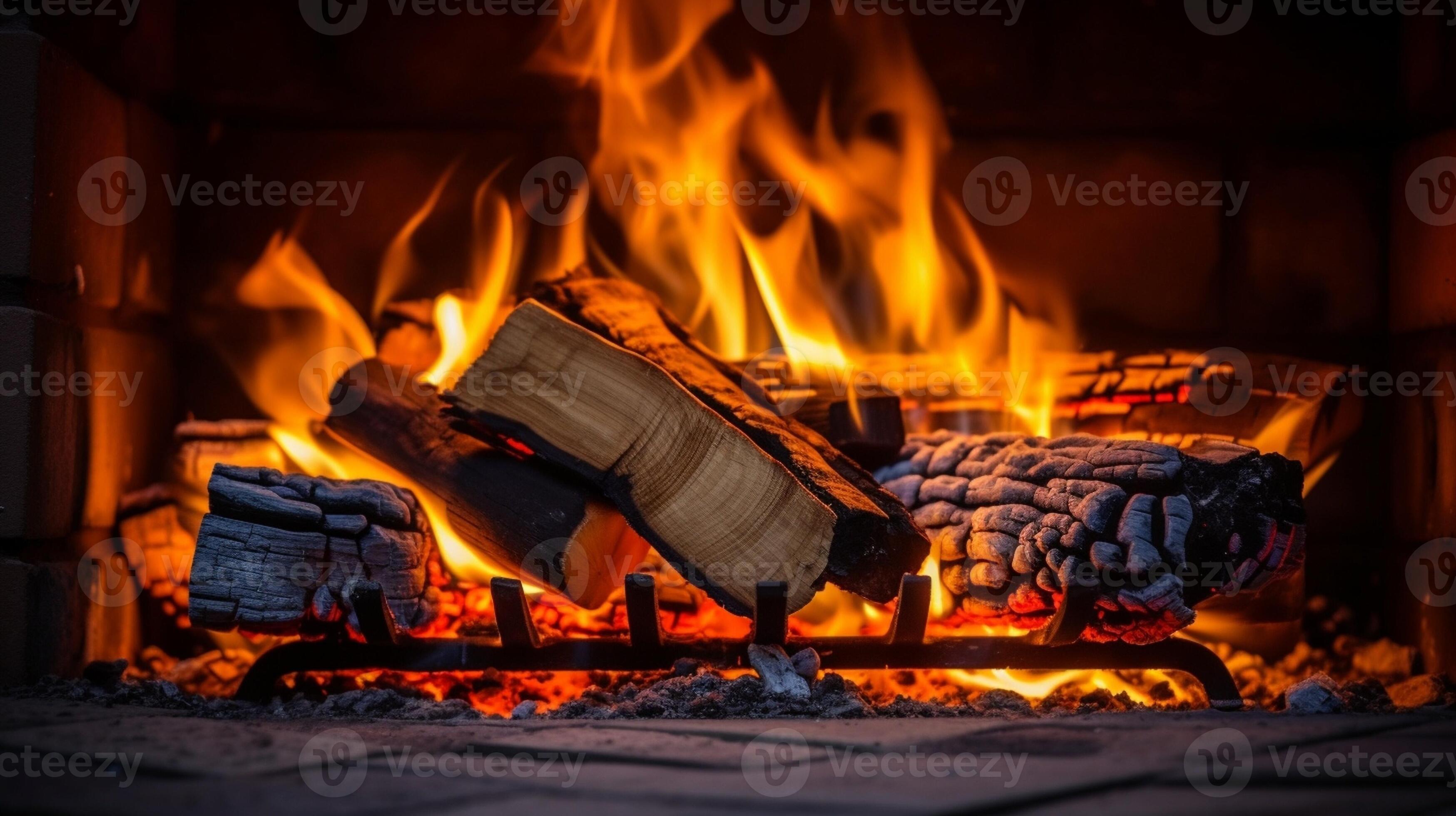 Burning wood and coal in fireplace, Generative AI 30733791 Stock Photo