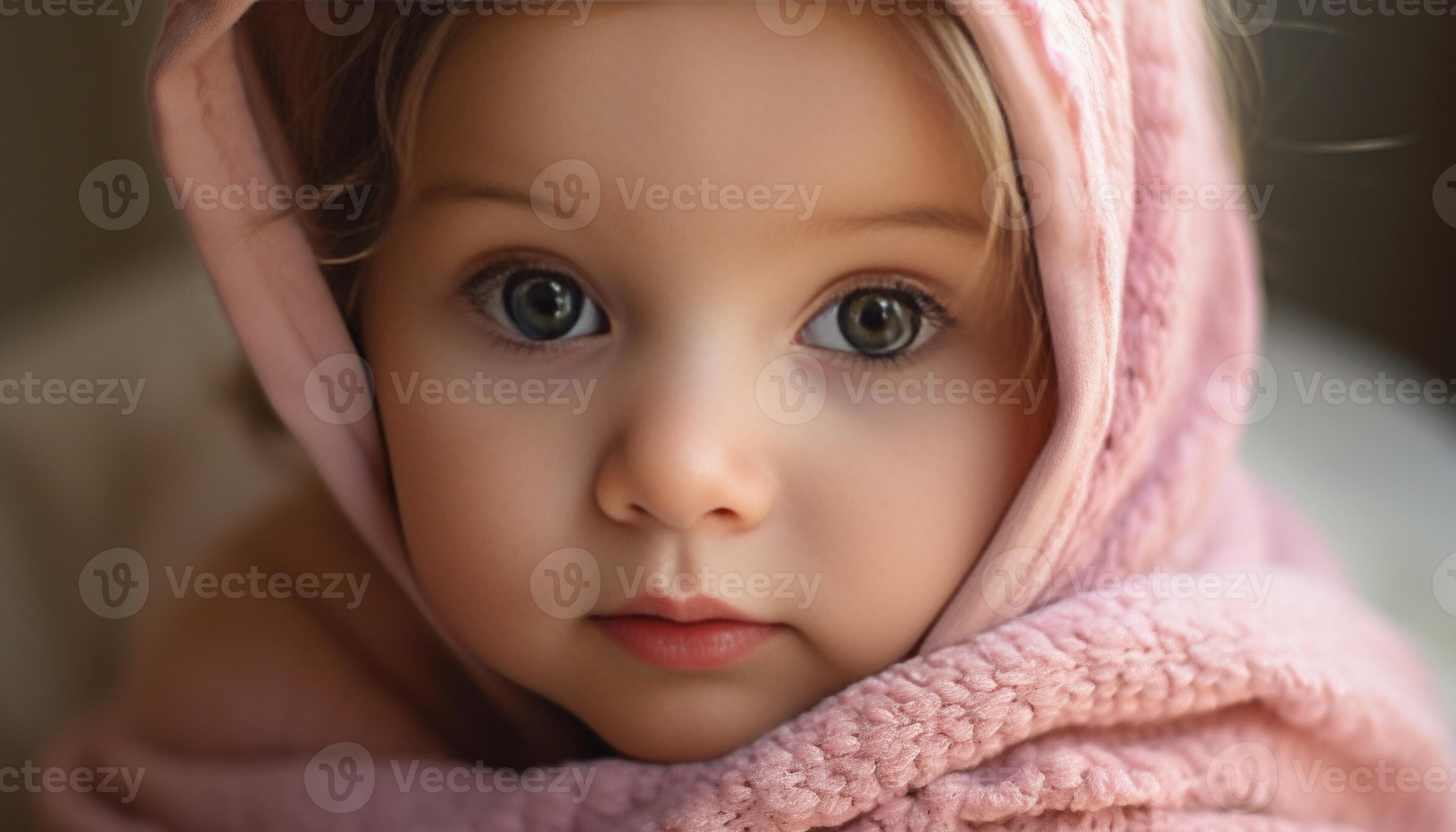 A cute little baby girl is staring up and is hiding under a pink sheet