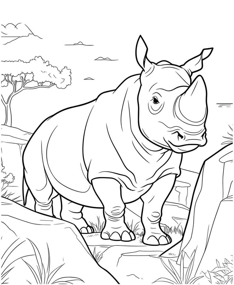 Rhinoceros and mountain coloring page vector