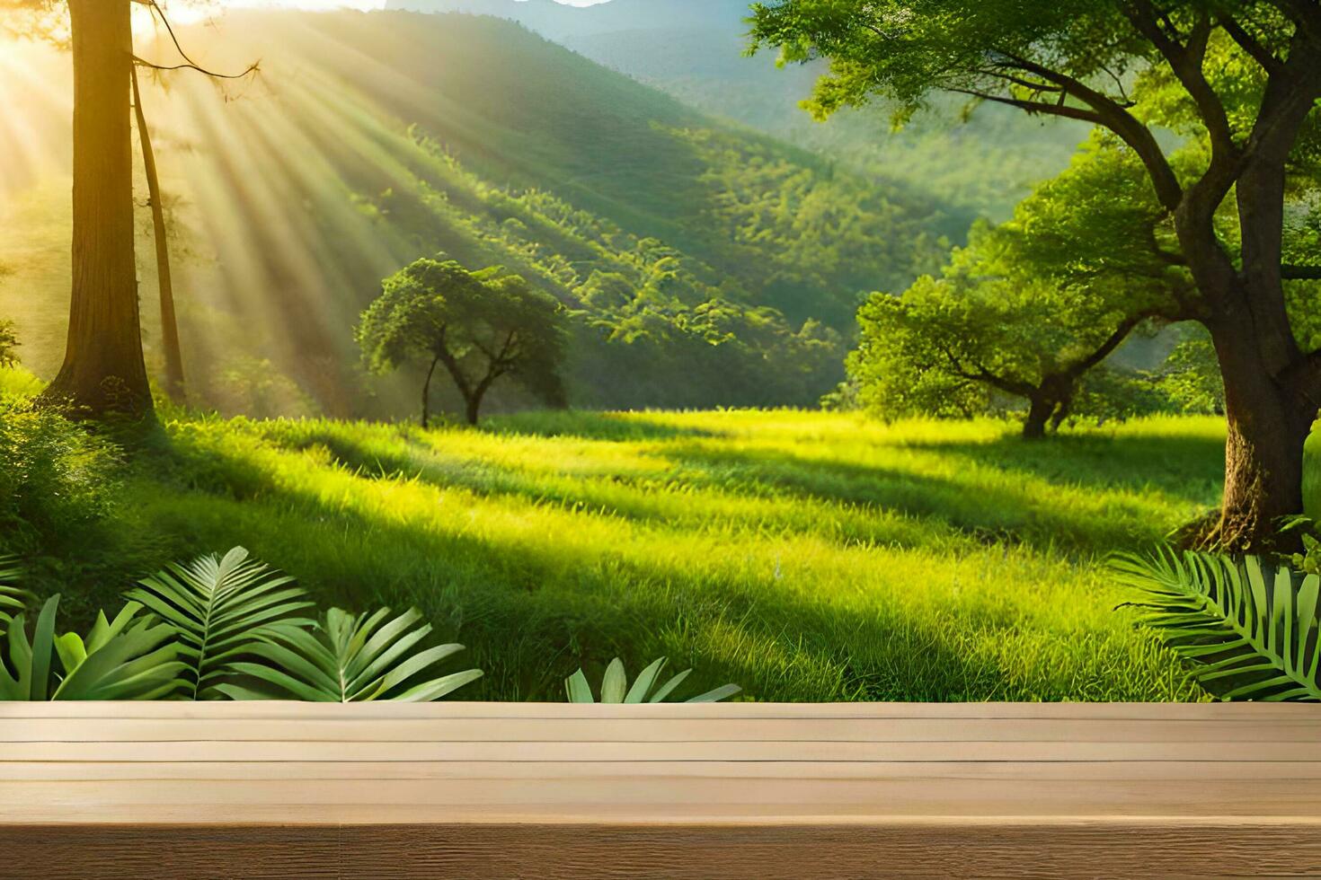 An Empty Wood Table Pedestal Surrounded by Foliage Premade Photo Mockup Background