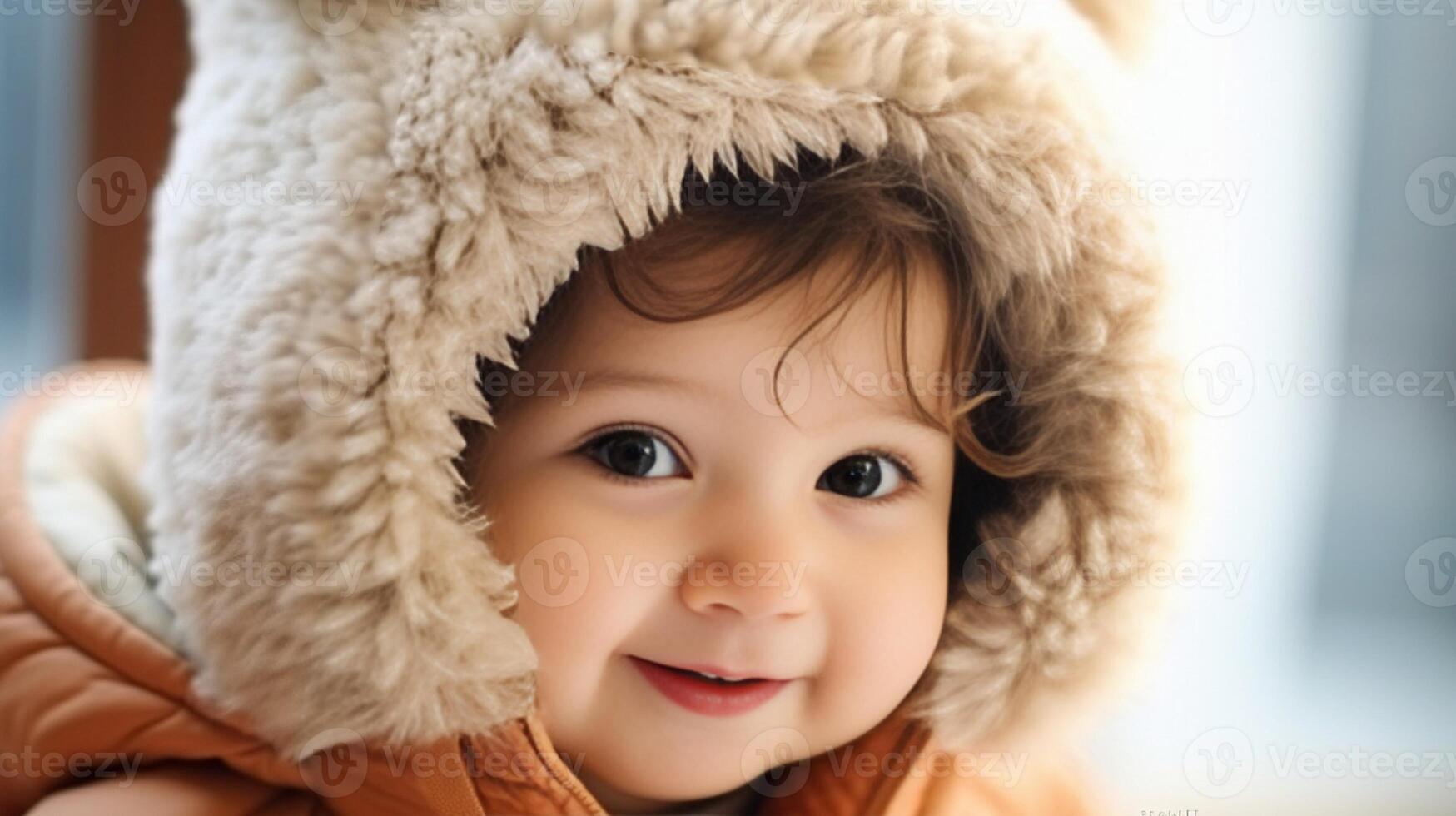 Cute baby girl in winter hat and jacket smiling and looking to the