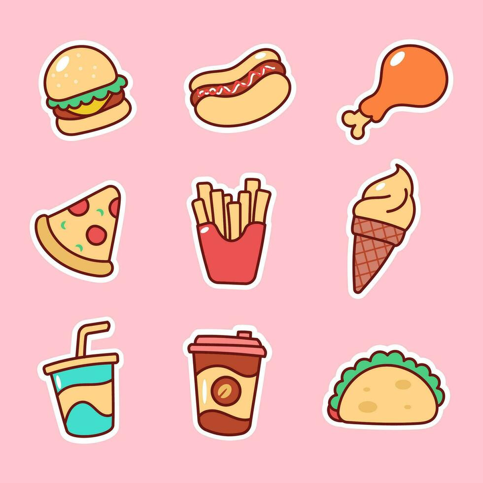 Set of fast food vectors with a cute design on pink background. Fast foods elements illustration