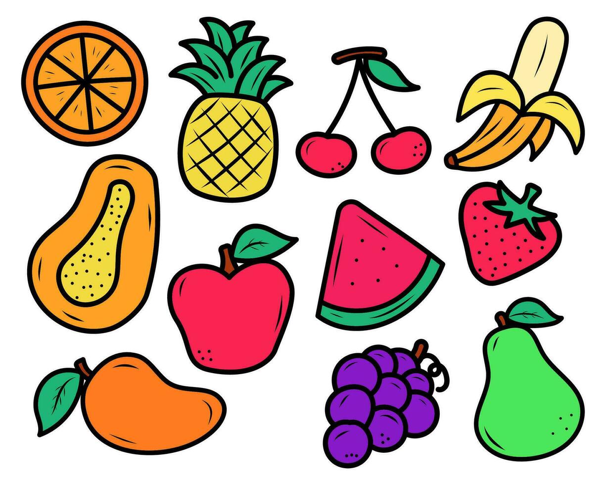 Set of cute fruit vector illustrations on white background. Colorful hand-drawn fruits elements