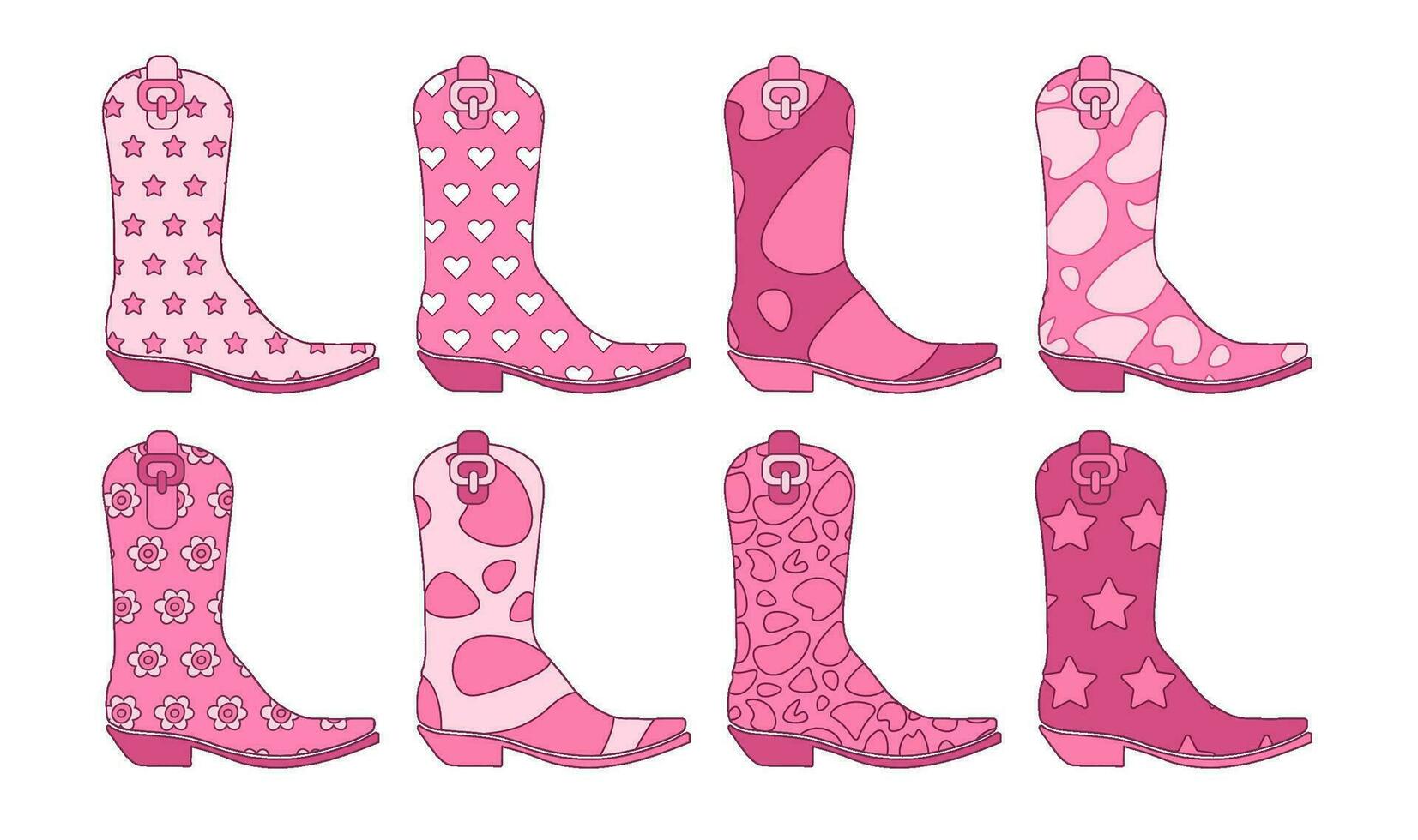 60s vintage pink Cowgirl boots collection with various ornaments. Howdy Cowboy western and wild west theme. Hand drawn vector set.