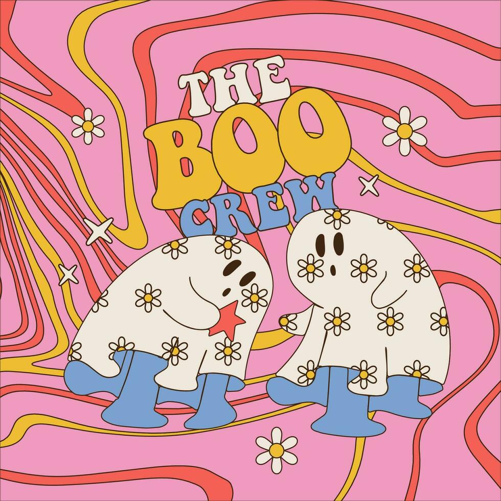 Two Cute Halloween ghosts with daisy flowers ornament, 70s Retro floral spooky ghosts card with text The boo crew. Happy Halloween cartoon doodle outline drawing illustration idea for greeting card. vector