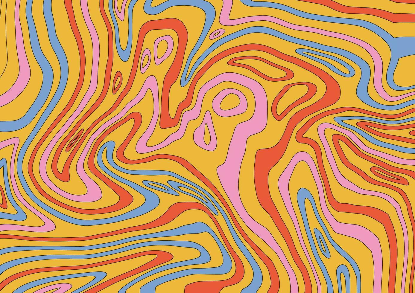 Op-art acidic retro groovy background with distorted texture in vintage pastel colors. 70s vector Concept of hallucinations and visions with thin contour lines.