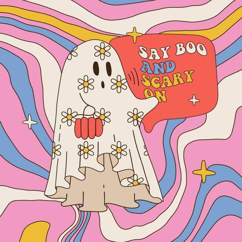 Cute Groovy Hippie Ghost Funny Halloween card template with quote - Say boo and scary on. White sheet spook with floral daisy ornament. Contour vector illustration.