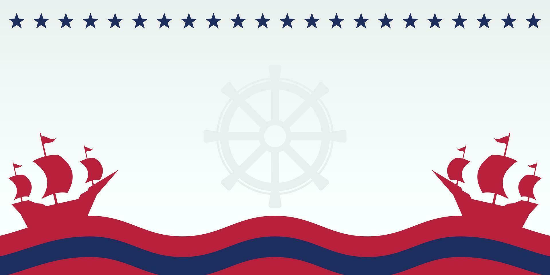 Columbus Day celebration background with ship silhouette icon and free copy space area. american flag color design, vector for banner, greeting card, poster, web, social media.