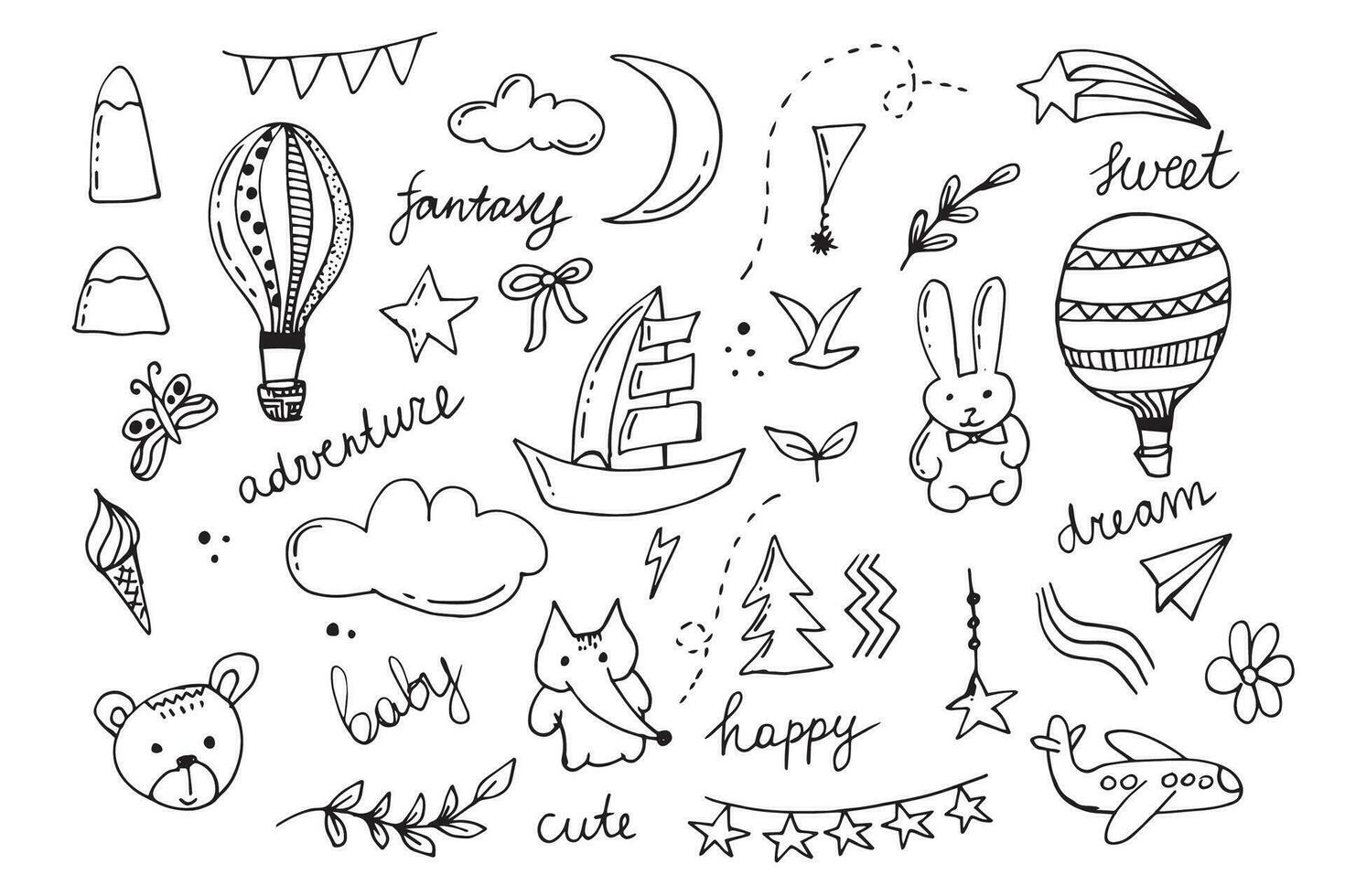 A set of children drawings. Kid doodle.clouds, summer flowers and trees, air balloons, cute rabbit and other black white elements. Vector illustration on white background