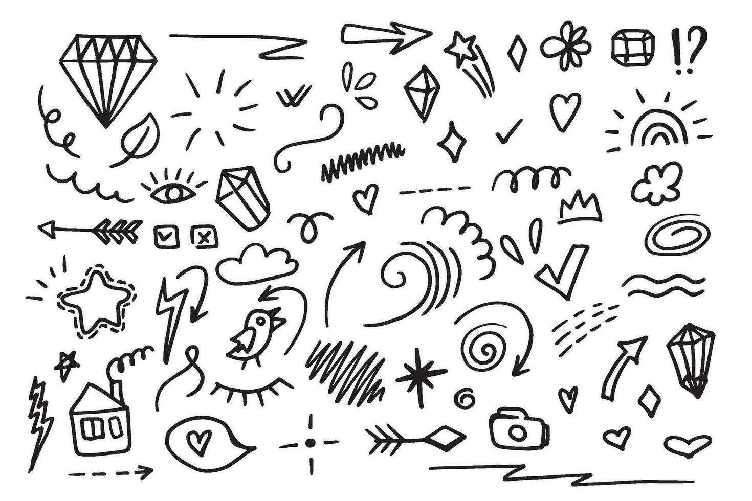 Hand drawn decorative abstract scribble doodle. pointing arrow, outline shapes . Ink signs decoration ornament, line curved arrow, heart and circle sketch isolated vector illustration symbols set