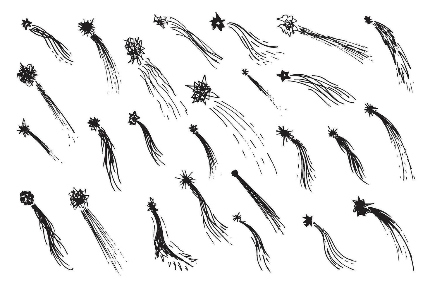 Collection of doodle comets, meteorites and shooting stars on brown parcel paper background. Vector sketch illustration