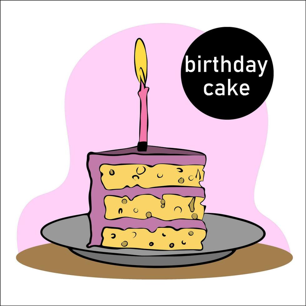Festive piece of three-layer cake with pink icing and burning candle. vector