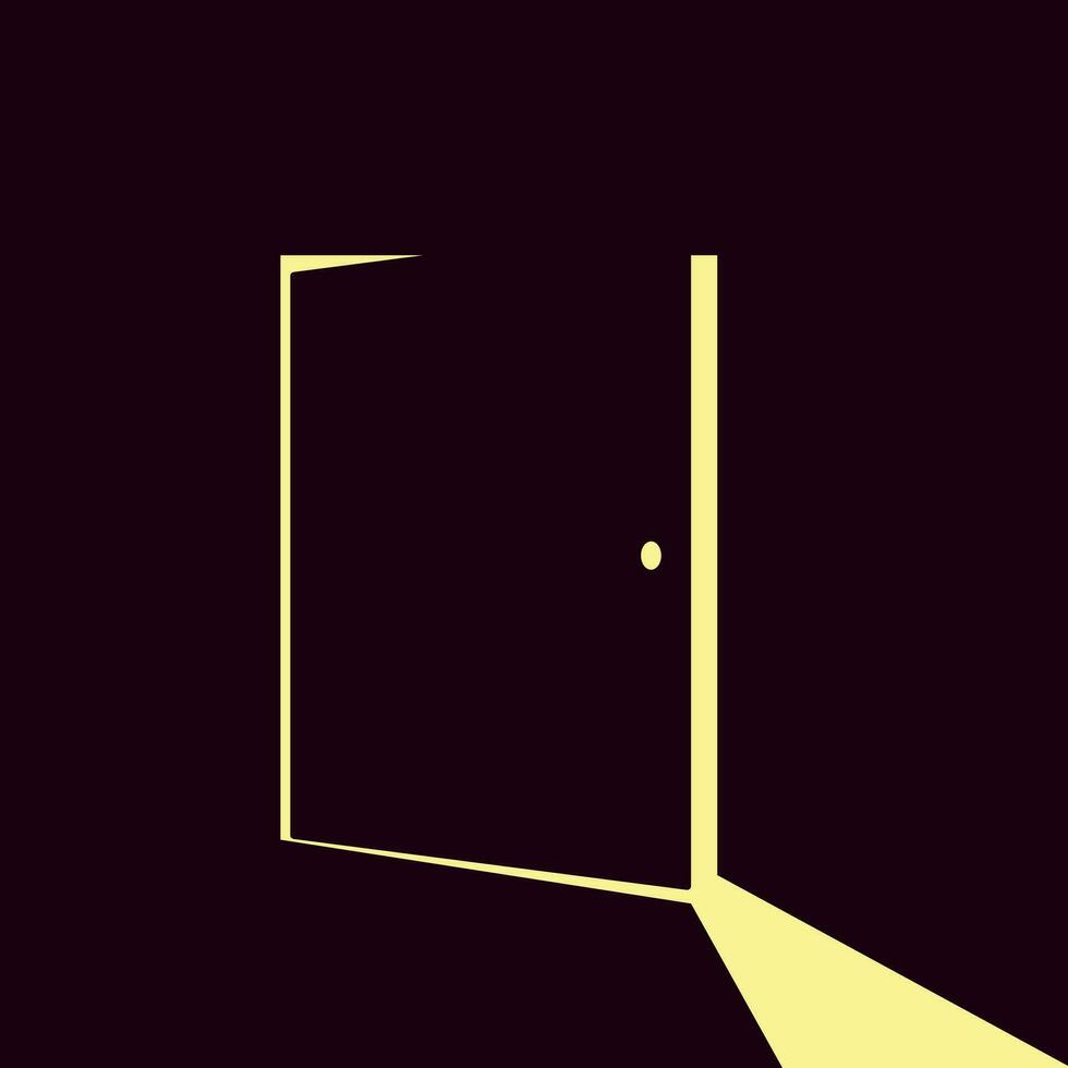 Half open door with a light from it. Vector illustration