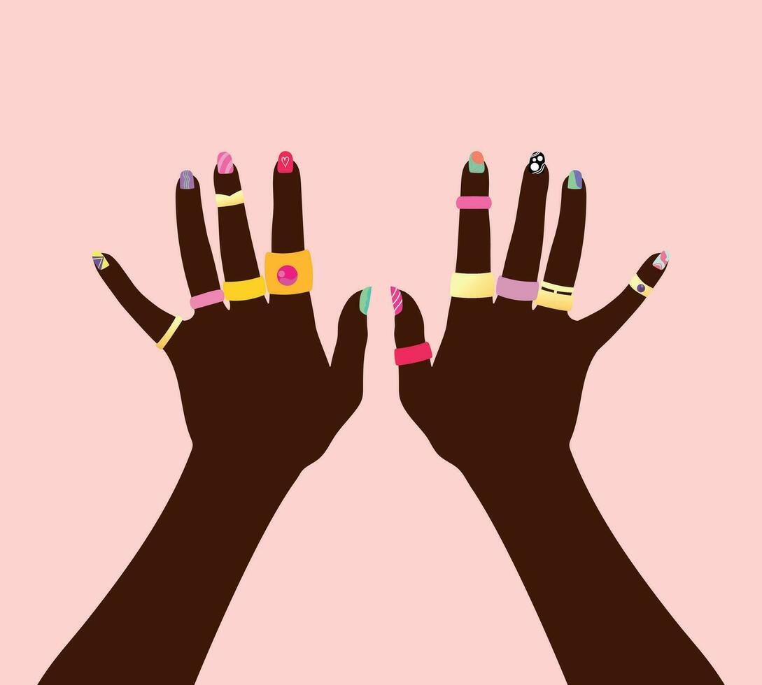 hembra manos con oro y de colores anillos y pintado clavos. parte superior ver en manos con joyería y uña diseño. vector ilustración