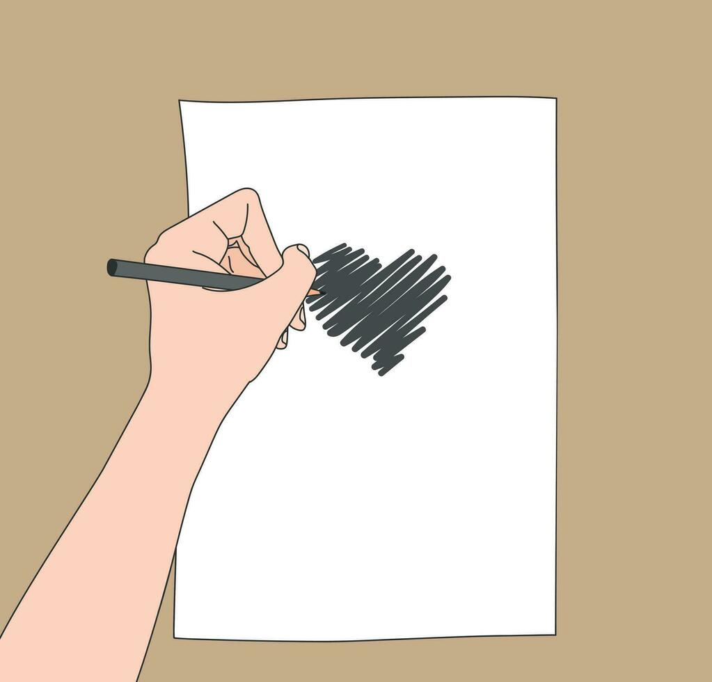 Hand drawing a heart with a pencil and a white sheet of paper. Pencil in a left hand. Artist at work. Left-handed painter. Vector illustration