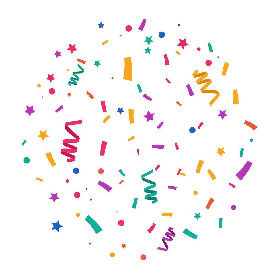 Colorful Confetti and ribbon falling on white background. Explosion. Carnival elements. Festival confetti and tinsel explosion background. Birthday celebration. vector