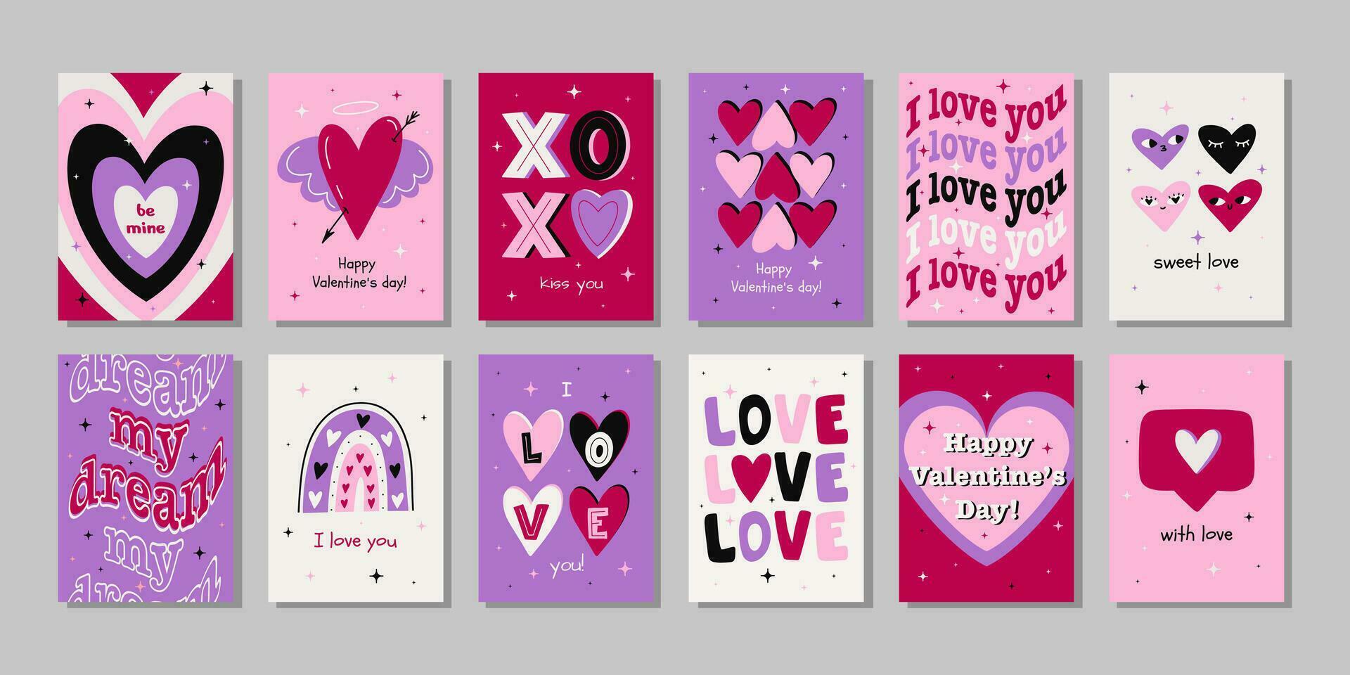 gran conjunto de tarjetas de felicitación del día de san valentín. corazón de dibujos animados de moda dibujado a mano, letras de amor. ilustración vectorial vector