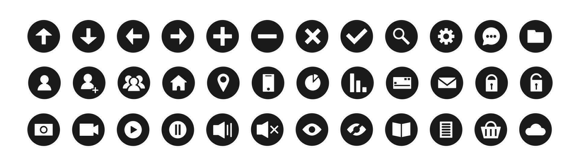 Set of different vector icons. Web, app, shopping, phone, photo, video, mail, options, people, home, friends, arrows, location icons. Vector graphic