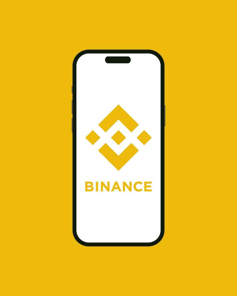 Binance cryptocurrency exchange app on the smartphone iPhone 14 screen with yellow background. Mobile app running at smartphone screen with logo Binance. Isolated vector