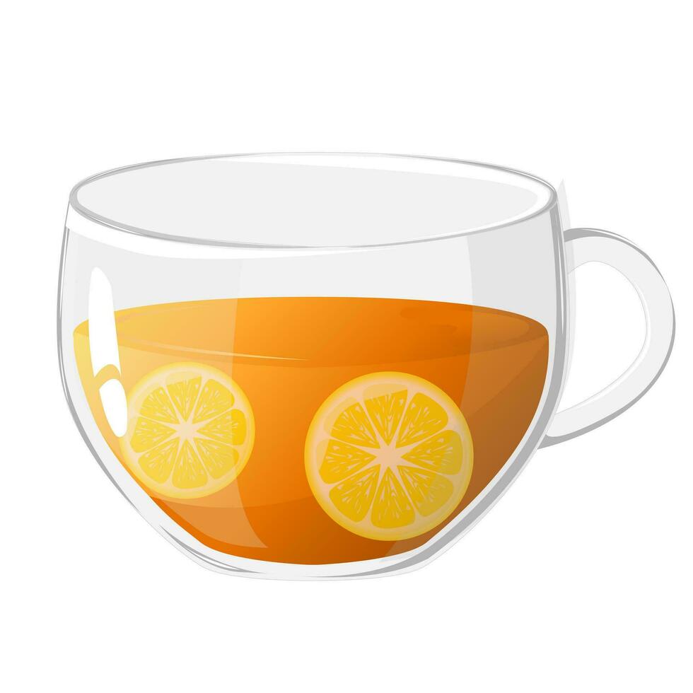 Glass cup tea with lemon slices. Icon vector illustration. Healthy drinks concept