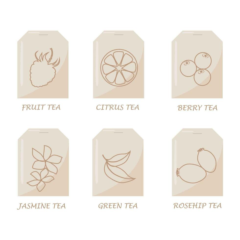 Tea bags with different flavors.Tag collection.Flat design.Vector illustration vector