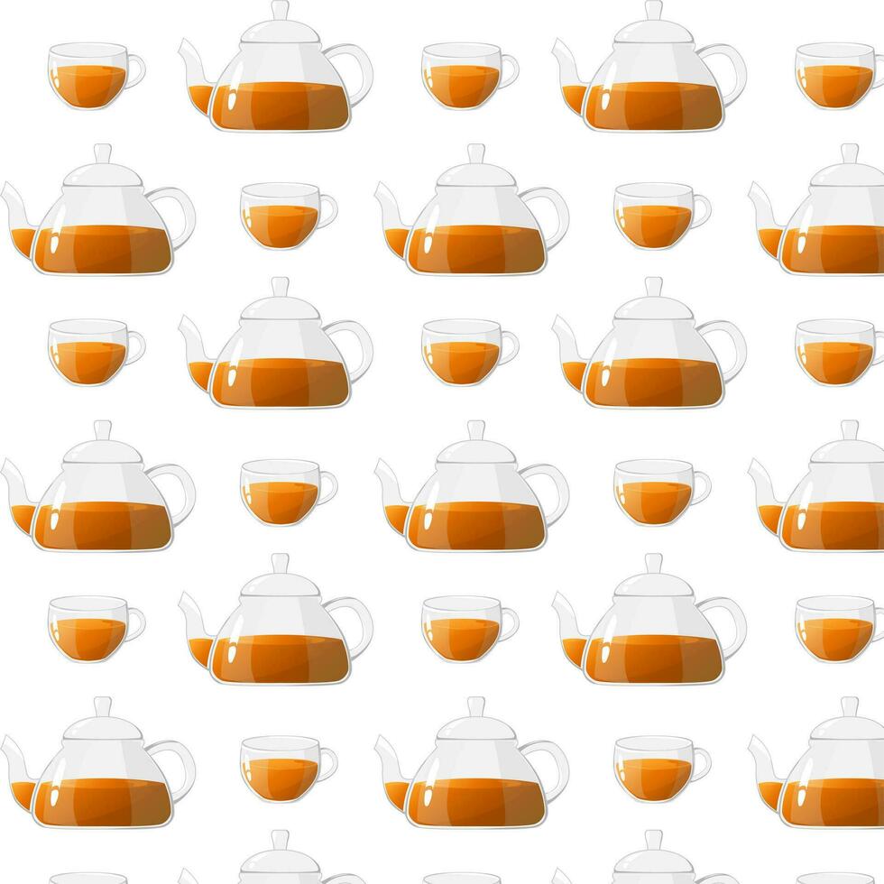 Seamless pattern glass teapots and cups with tea. Glass tea kettles for boiling water, tableware for tea ceremony at home. Healthy drinks concept vector