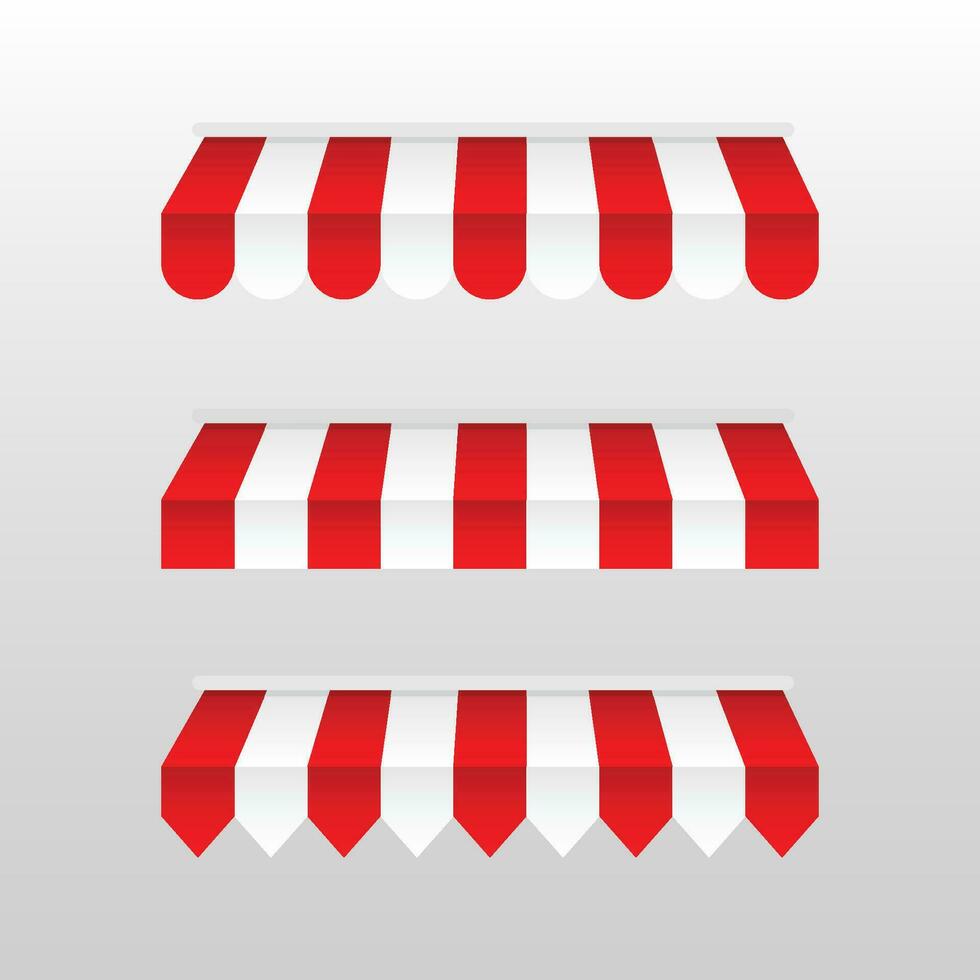 Red and white sunshade. Outdoor awnings for cafe and shop window vector set. Tent sunshade for market, stripe summer scallop for store illustration