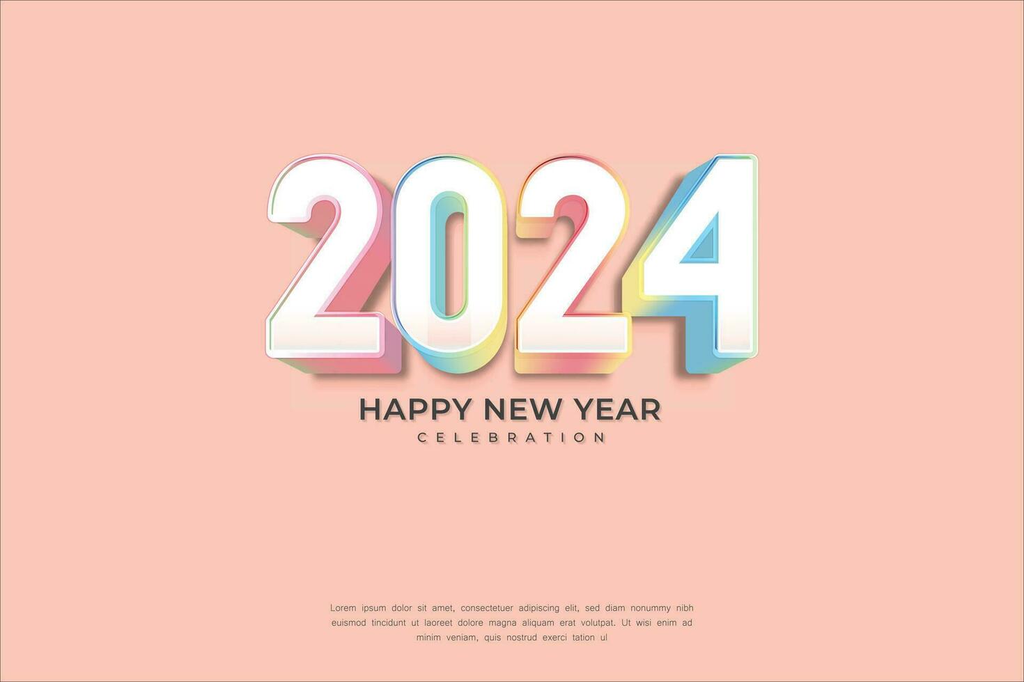 contento nuevo año 2024 3d cinematográfico arco iris resplandor texto para bandera o póster vector