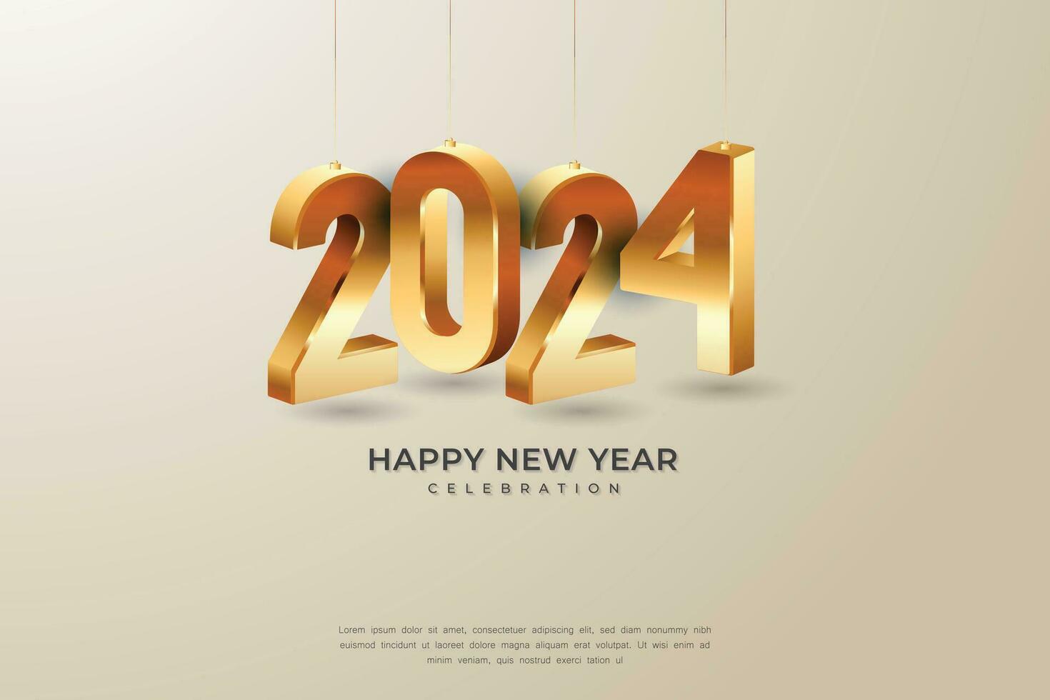 Happy New Year 2024. Golden 3D numbers with hanging style. vector