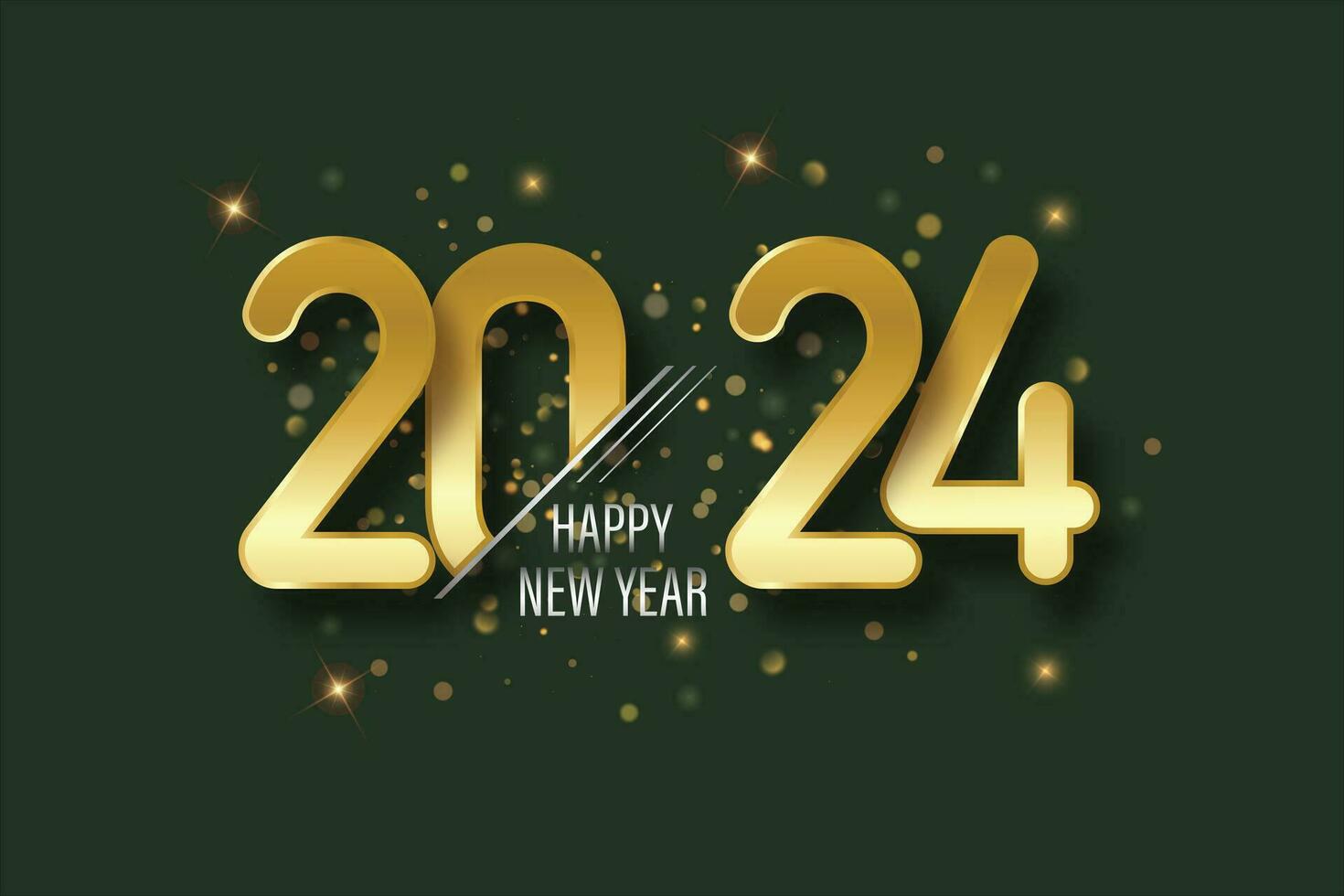 Happy New Year 2024. Golden 3D numbers with gold confetti and white style on elegant Background vector