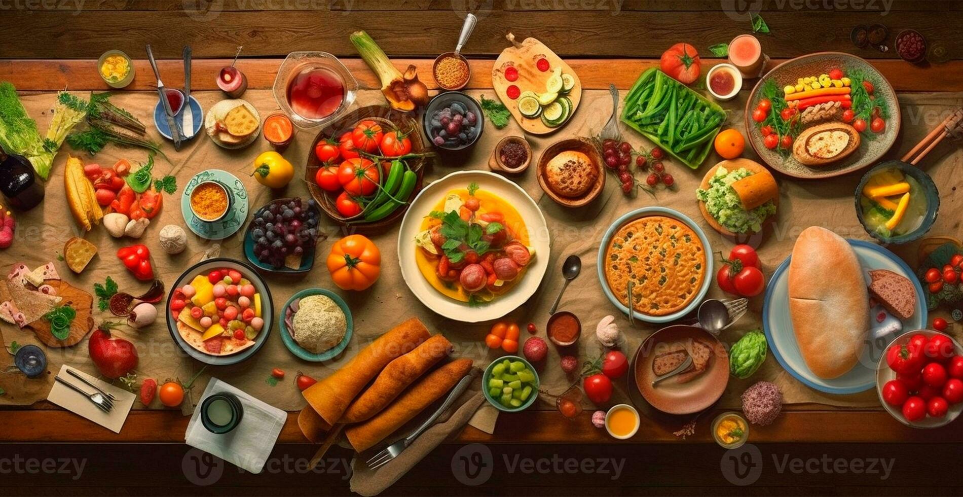 Festive table, many dishes from different countries of the world - AI generated image photo